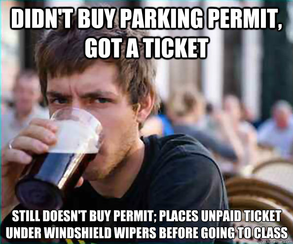 Didn't buy parking permit, got a ticket Still doesn't buy permit; places unpaid ticket under windshield wipers before going to class  Lazy College Senior