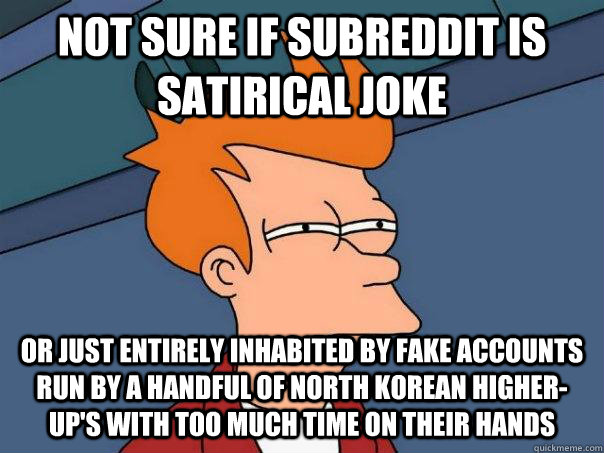 Not Sure if subreddit is satirical joke or just entirely inhabited by fake accounts run by a handful of north korean higher-up's with too much time on their hands  Futurama Fry