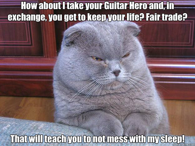 How about I take your Guitar Hero and, in exchange, you get to keep your life? Fair trade? That will teach you to not mess with my sleep! - How about I take your Guitar Hero and, in exchange, you get to keep your life? Fair trade? That will teach you to not mess with my sleep!  Misc