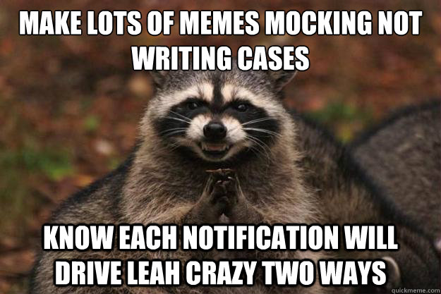 Make lots of memes mocking not writing cases Know each notification will drive Leah crazy two ways  Evil Plotting Raccoon