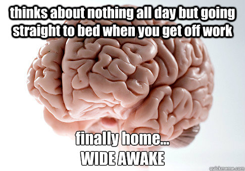 thinks about nothing all day but going straight to bed when you get off work finally home...
WIDE AWAKE   Scumbag Brain