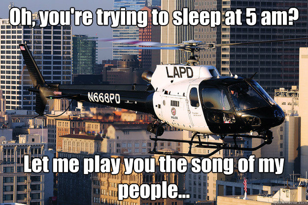 Oh, you're trying to sleep at 5 am? Let me play you the song of my people...  I hate LAPD