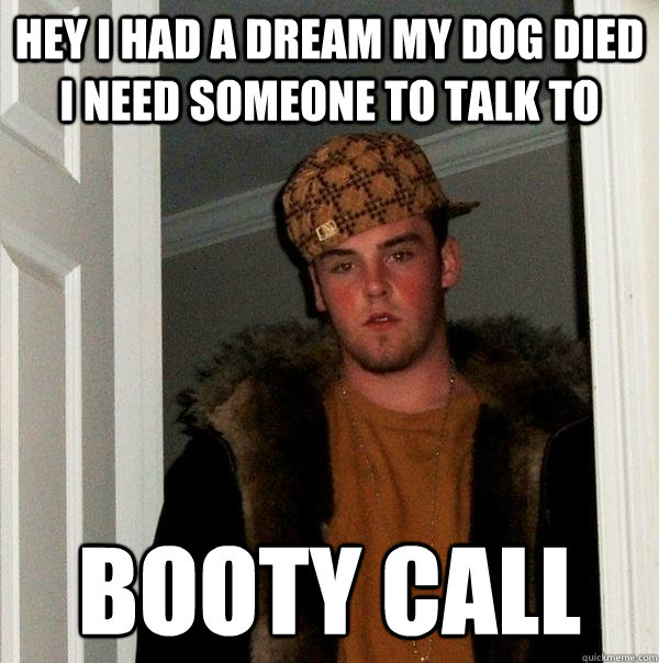 hey i had a dream my dog died i need someone to talk to BOOTY CALL - hey i had a dream my dog died i need someone to talk to BOOTY CALL  Scumbag Steve