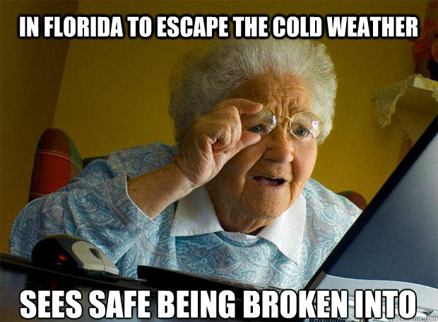 IN FLORIDA TO ESCAPE THE COLD WEATHER SEES SAFE BEING BROKEN INTO    Grandma finds the Internet