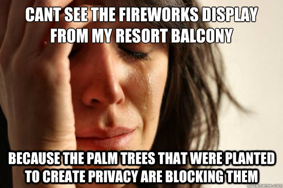 Cant see the fireworks display from my resort balcony because the palm trees that were planted to create privacy are blocking them  First World Problems