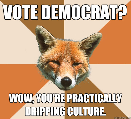 Vote Democrat?
 Wow, you're practically dripping culture.  Condescending Fox