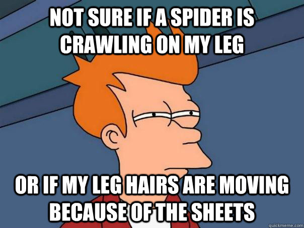 Not sure if a spider is crawling on my leg or if my leg hairs are moving because of the sheets - Not sure if a spider is crawling on my leg or if my leg hairs are moving because of the sheets  Futurama Fry