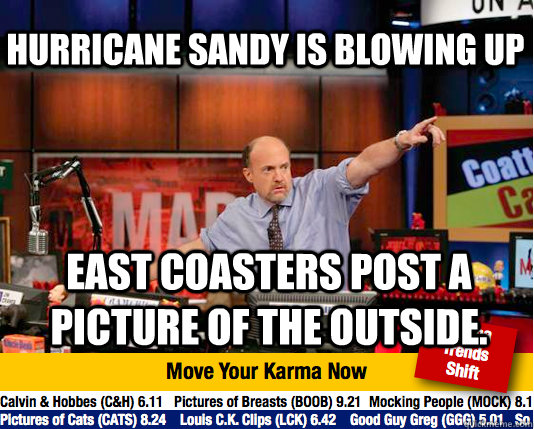 Hurricane sandy is blowing up East coasters post a picture of the outside.  Mad Karma with Jim Cramer