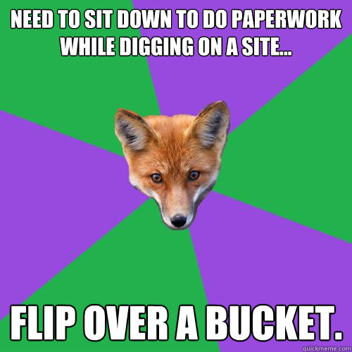 Need to sit down to do paperwork while digging on a site... Flip over a bucket.  - Need to sit down to do paperwork while digging on a site... Flip over a bucket.   Anthropology Major Fox