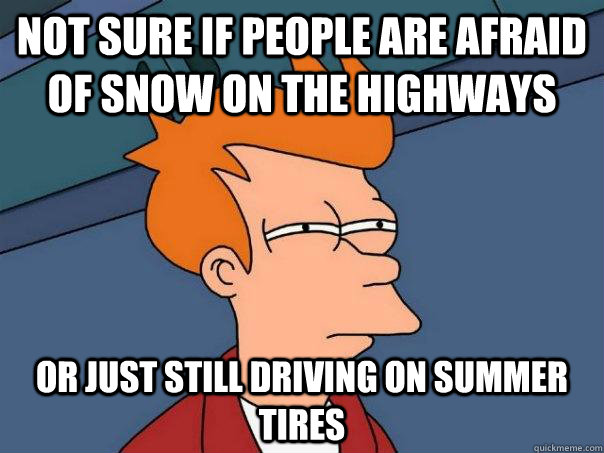 Not sure if people are afraid of snow on the highways Or just still driving on summer tires  Futurama Fry