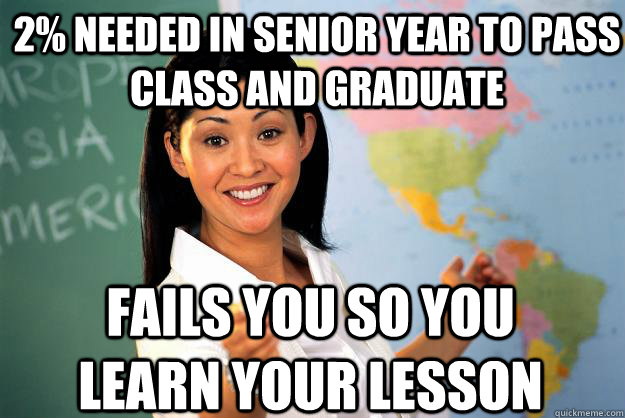 2% needed in senior year to pass class and graduate fails you so you learn your lesson - 2% needed in senior year to pass class and graduate fails you so you learn your lesson  Unhelpful High School Teacher