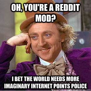 Oh, you're a reddit mod? i bet the world needs more imaginary internet points police  Condescending Wonka