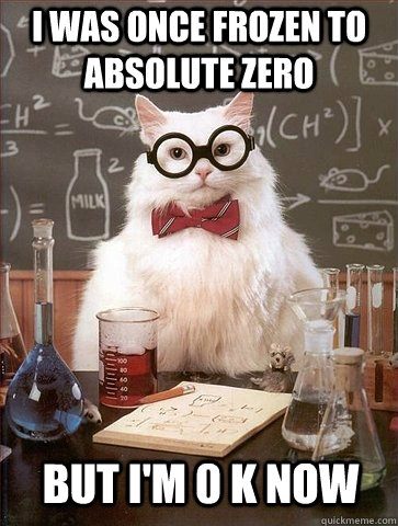 I was once frozen to absolute zero but i'm 0 K now  Chemistry Cat