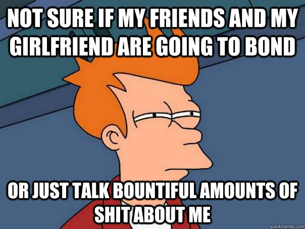 Not sure if my friends and my girlfriend are going to bond Or just talk bountiful amounts of shit about me  Futurama Fry