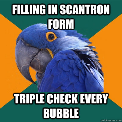 Filling in scantron form Triple check every bubble  Paranoid Parrot