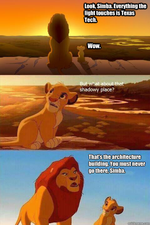 Look, Simba. Everything the light touches is Texas Tech. Wow. That's the architecture building. You must never go there, Simba.   Lion King Shadowy Place