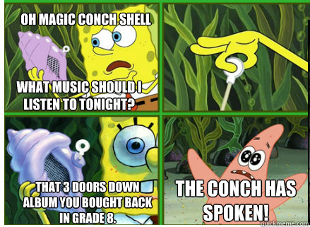 Oh Magic Conch shell THAT 3 DOORS DOWN ALBUM YOU BOUGHT BACK IN GRADE 8. The CONCH HAS SPOKEN! What music should I listen to tonight?  Magic Conch Shell