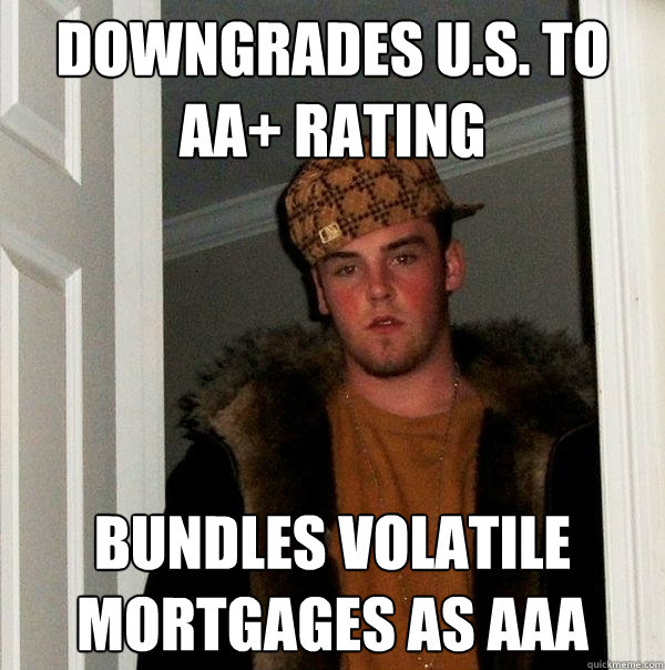 Downgrades U.S. to AA+ Rating Bundles volatile mortgages as AAA  Scumbag Steve