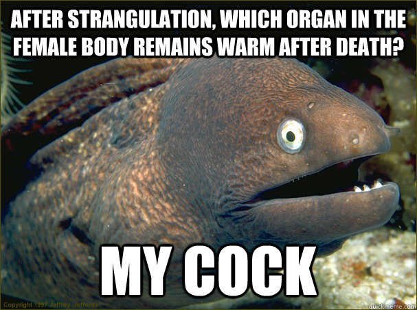 After strangulation, which organ in the female body remains warm after death? My Cock  Bad Joke Eel