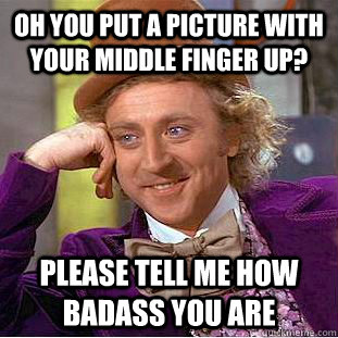 Oh you put a picture with your middle finger up? please tell me how badass you are - Oh you put a picture with your middle finger up? please tell me how badass you are  Condescending Wonka