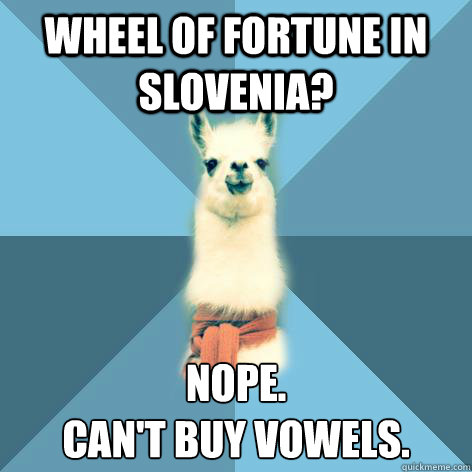 Wheel of Fortune in Slovenia? Nope. 
Can't buy vowels. - Wheel of Fortune in Slovenia? Nope. 
Can't buy vowels.  Linguist Llama