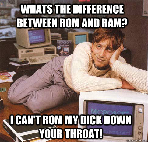 Whats the difference between ROM and RAM? I can't ROM my dick down your throat!  Dreamy Bill Gates