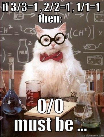 IF 3/3=1 , 2/2=1 , 1/1=1 THEN:  0/0 MUST BE ... Chemistry Cat