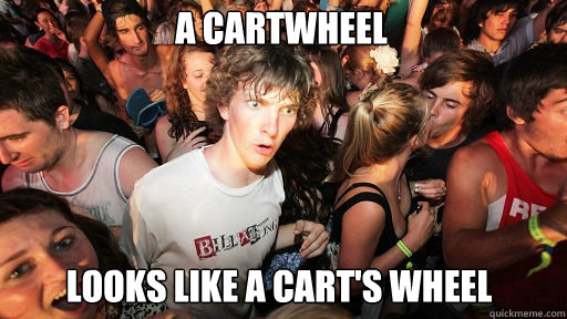 A cartwheel looks like a cart's wheel  Sudden Clarity Clarence