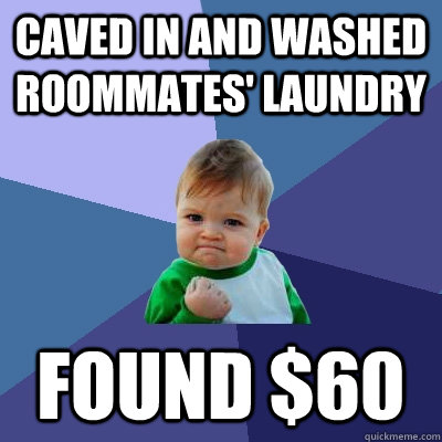 Caved in and washed roommates' laundry Found $60  Success Kid