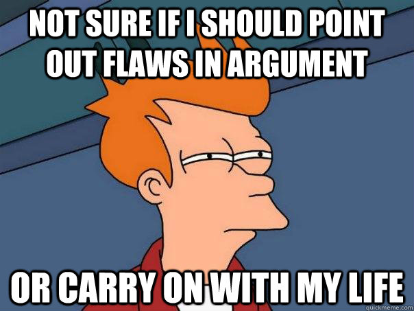 Not sure if I should point out flaws in argument  or carry on with my life  Futurama Fry