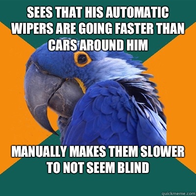 Sees that his automatic wipers are going faster than cars around him Manually makes them slower to not seem blind
 - Sees that his automatic wipers are going faster than cars around him Manually makes them slower to not seem blind
  Paranoid Parrot