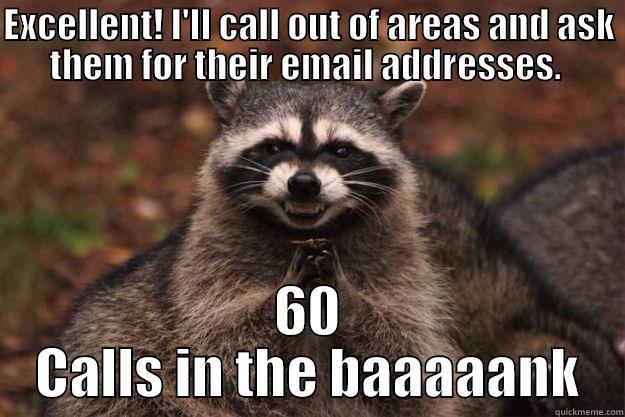 EXCELLENT! I'LL CALL OUT OF AREAS AND ASK THEM FOR THEIR EMAIL ADDRESSES.  60 CALLS IN THE BAAAAANK Evil Plotting Raccoon