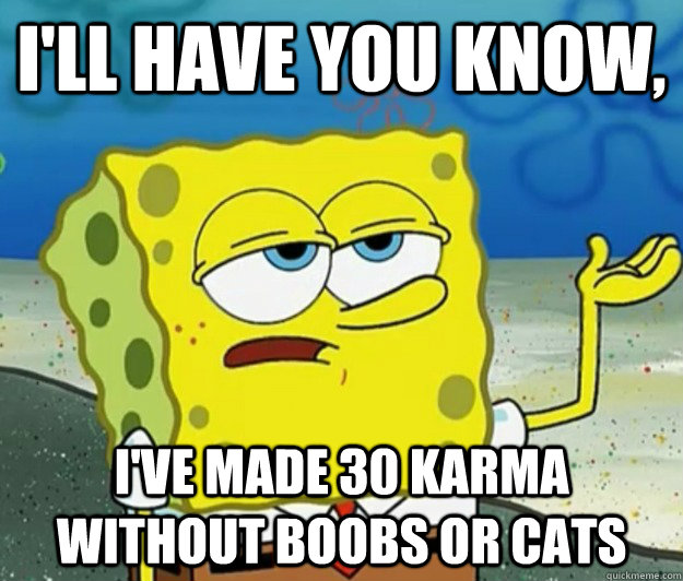 I'll have you know,  I've made 30 karma without boobs or cats - I'll have you know,  I've made 30 karma without boobs or cats  Tough Spongebob