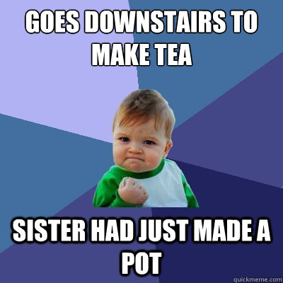 Goes downstairs to make tea Sister had just made a pot - Goes downstairs to make tea Sister had just made a pot  Success Kid