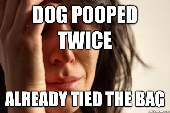 Dog pooped twice Already tied the bag  First World Problems