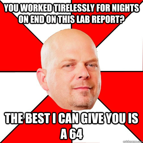 You worked tirelessly for nights on end on this lab report? The best I can give you is a 64  Pawn Star