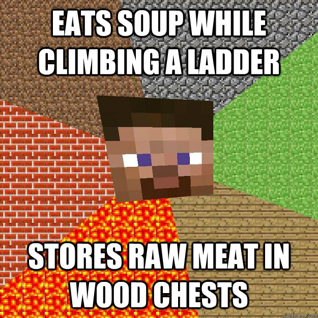 Eats soup while climbing a ladder Stores raw meat in wood chests  Minecraft