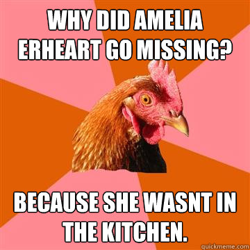 Why did Amelia erheart go missing? Because she wasnt in the kitchen. - Why did Amelia erheart go missing? Because she wasnt in the kitchen.  Anti-Joke Chicken