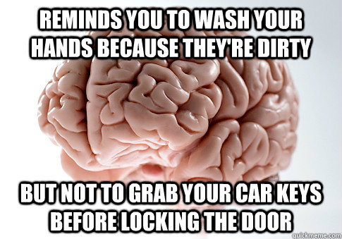 Reminds you to wash your hands because they're dirty But not to grab your car keys before locking the door   Scumbag Brain