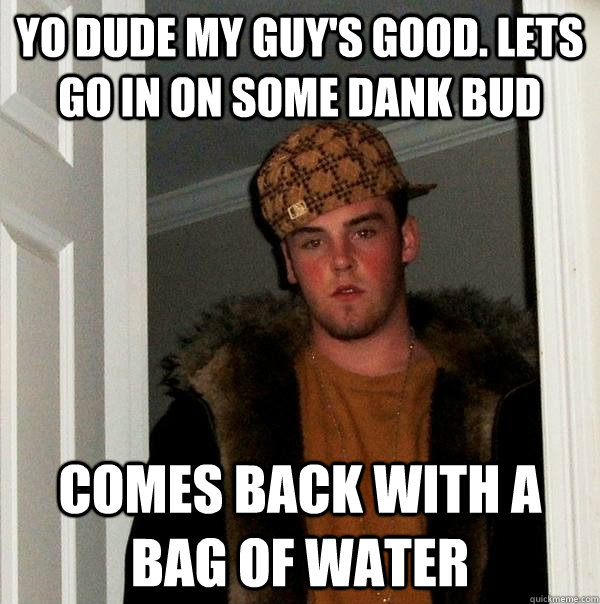 Yo dude my guy's good. lets go in on some dank bud Comes back with a bag of water - Yo dude my guy's good. lets go in on some dank bud Comes back with a bag of water  Scumbag Steve