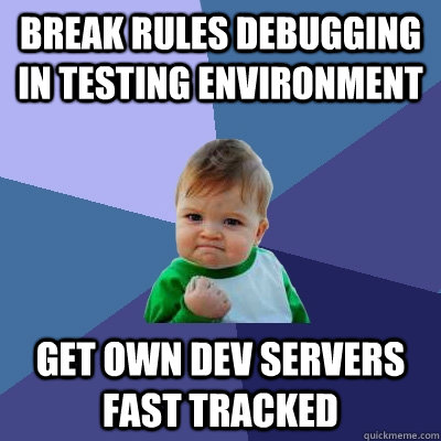 Break rules debugging in testing environment get own dev servers fast tracked - Break rules debugging in testing environment get own dev servers fast tracked  Success Kid