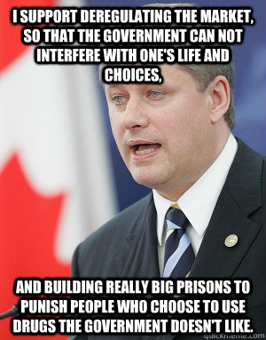 I support deregulating the market, so that the government can not interfere with one's life and choices, And building really big prisons to punish people who choose to use drugs the government doesn't like.  Stephen Harper