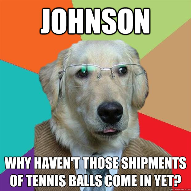 JOHNSON WHY HAVEN'T THOSE SHIPMENTS OF TENNIS BALLS COME IN YET?  Business Dog