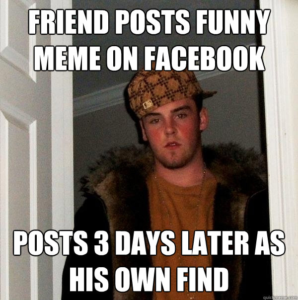 Friend posts funny meme on facebook posts 3 days later as his own find - Friend posts funny meme on facebook posts 3 days later as his own find  Scumbag Steve