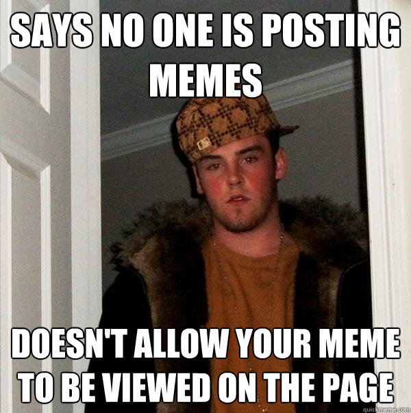 Says no one is posting memes Doesn't allow your meme to be viewed on the page  Scumbag Steve