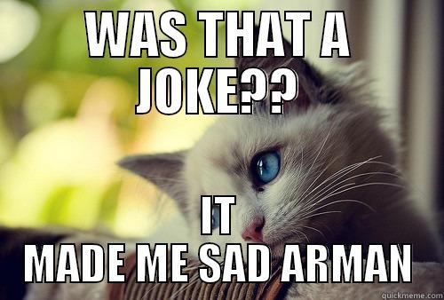 WAS THAT A JOKE?? IT MADE ME SAD ARMAN First World Problems Cat