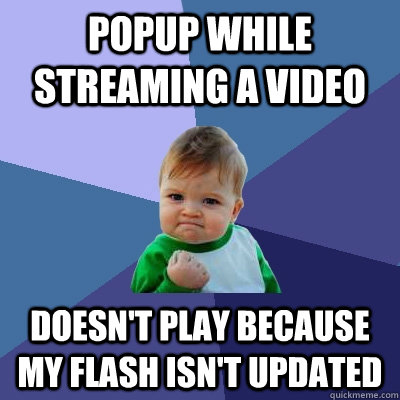 Popup while streaming a video Doesn't play because my flash isn't updated   Success Kid