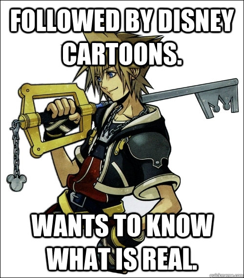 Followed by disney cartoons. wants to know what is real.  Stoned Sora