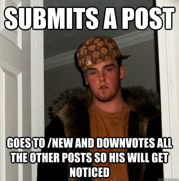 Submits a post goes to /new and downvotes all the other posts so his will get noticed  Scumbag Steve