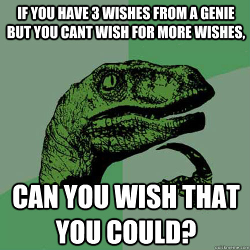 If you have 3 wishes from a genie but you cant wish for more wishes, Can you wish that you could? - If you have 3 wishes from a genie but you cant wish for more wishes, Can you wish that you could?  Philosoraptor